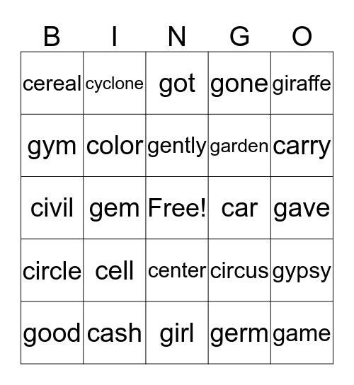 Hard/Soft C/G Bingo Card