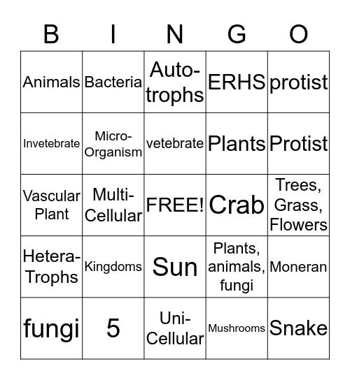 Living Things Bingo Card