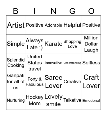 Varsha's 40th  Bingo Card