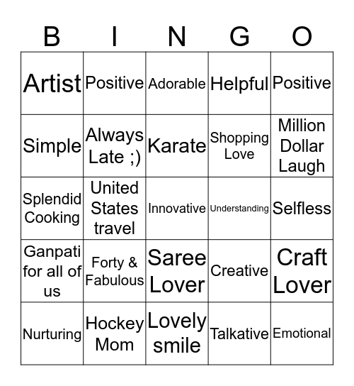 Varsha's 40th  Bingo Card