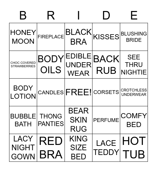 LINGERE SHOWER Bingo Card