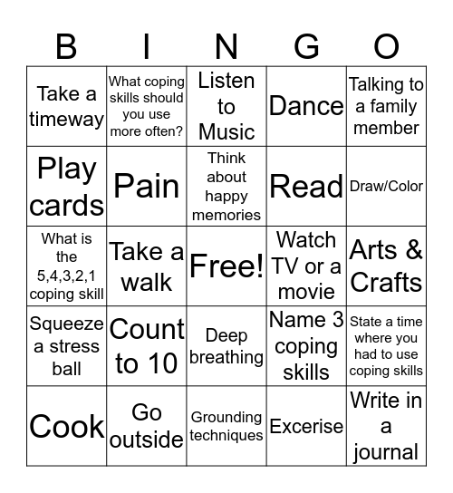 Coping Skills Bingo Card