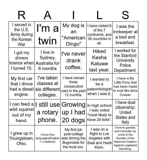 RAILS STAFF BINGO Card