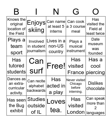 Intern Bingo Card