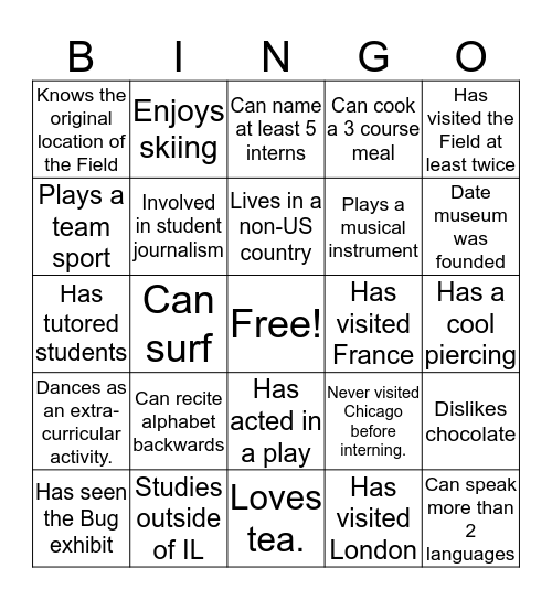 Intern Bingo Card