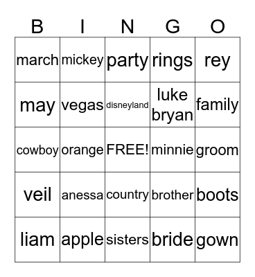 ANESSA'S BRIDAL SHOWER Bingo Card
