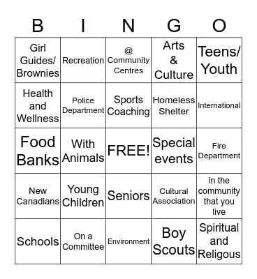 HRM's Network Challenge Volunteer Bingo Card