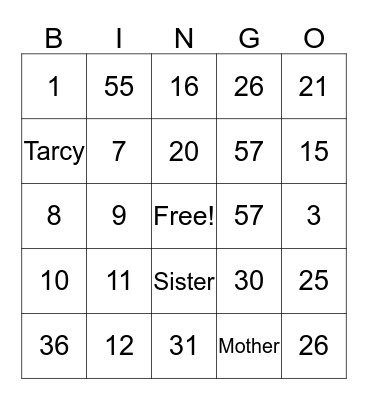 Tarcy's Number Bingo Card