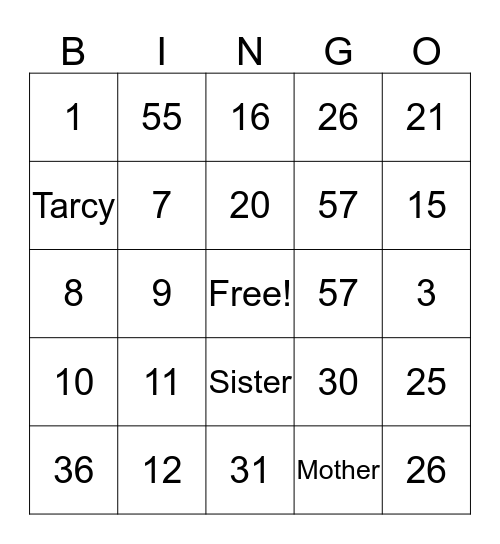 Tarcy's Number Bingo Card