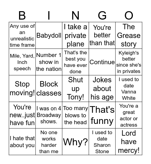 Billy Hufsey Acting Class Bingo  Bingo Card