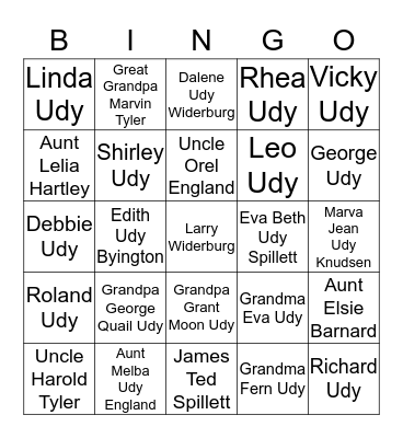 Udy Family Bingo Card