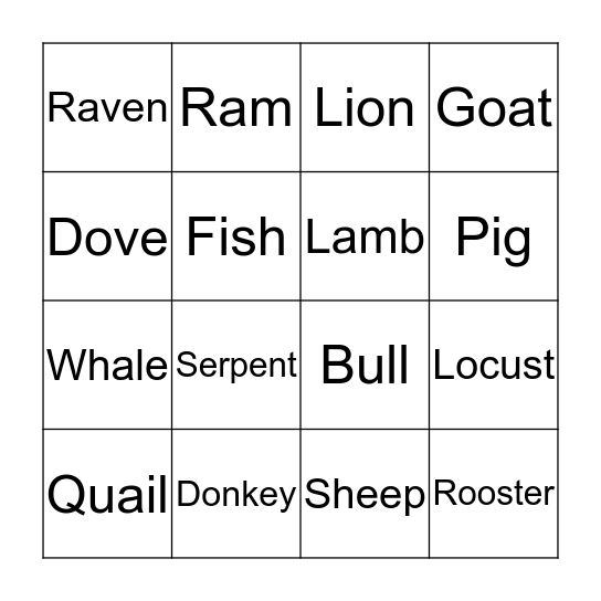 Biblical Animals Bingo Card