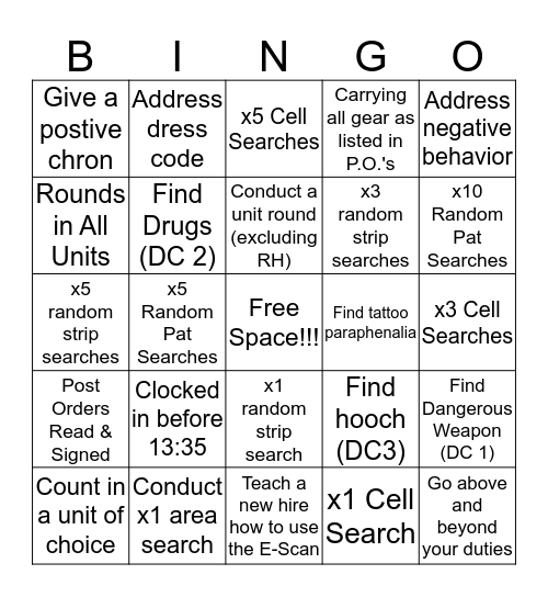 2nd Shift Security Bingo Card