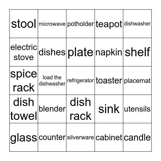 KITCHEN VOCABULARY Bingo Card