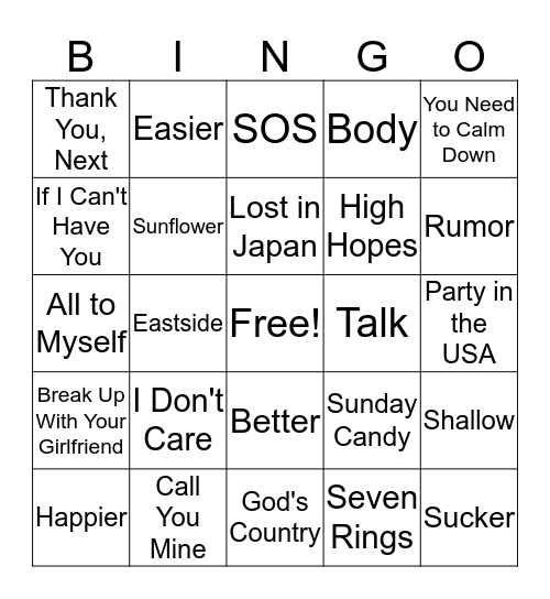 Today's Top Hits Bingo Card