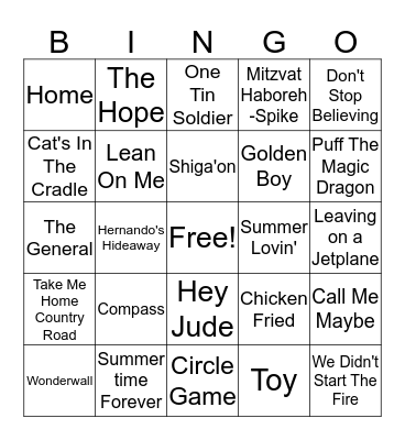 Camp Songs Bingo Card