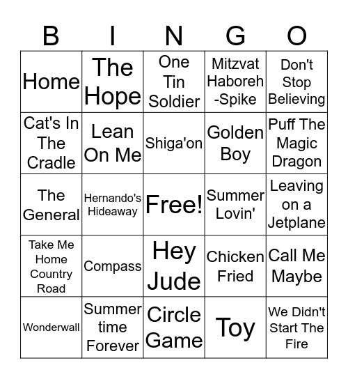 Camp Songs Bingo Card