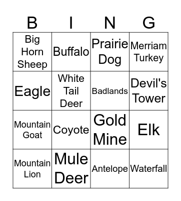 South Dakota Bingo Card
