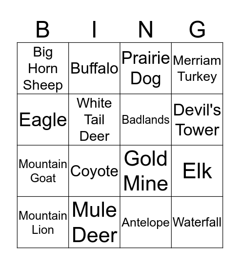 South Dakota Bingo Card