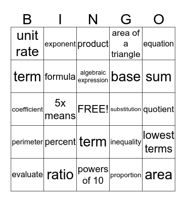 Algebra Vocabulary  Bingo Card