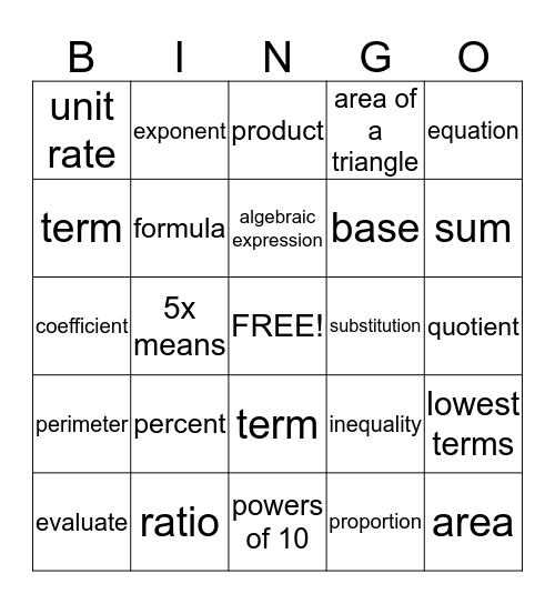 Algebra Vocabulary  Bingo Card