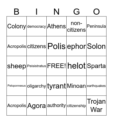 Chapter 4 Ancient Greece Lessons 1 and 2 Bingo Card