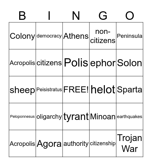 Chapter 4 Ancient Greece Lessons 1 and 2 Bingo Card