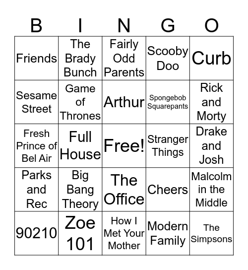 TV Show Theme Songs Bingo Card