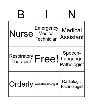 Medical Occupations Bingo Card