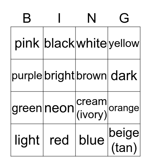 COLORS Bingo Card