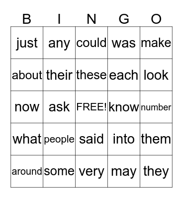 Sight Word Bingo Card