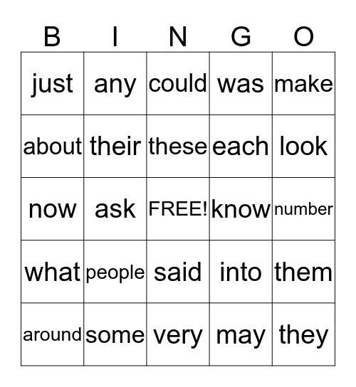 Sight Word Bingo Card