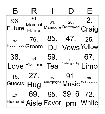 Angela's Bridal Shower Bingo Card