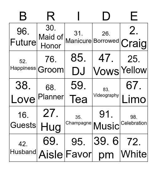 Angela's Bridal Shower Bingo Card