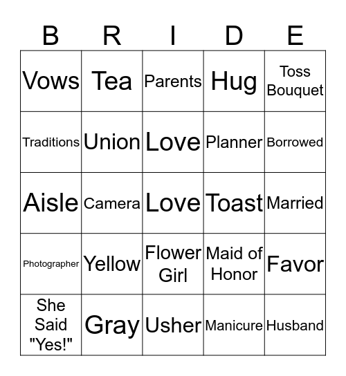 Angela's Bridal Shower Bingo Card