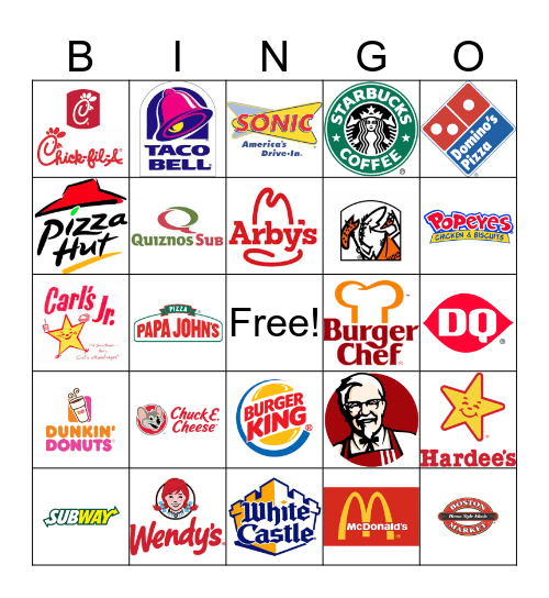 Fast Food Bingo Card