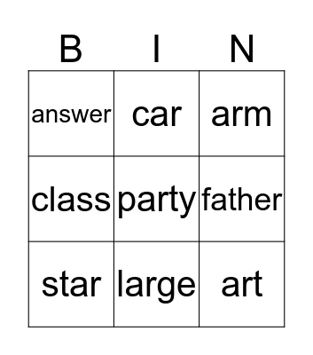 "arm" sound BINGO Card