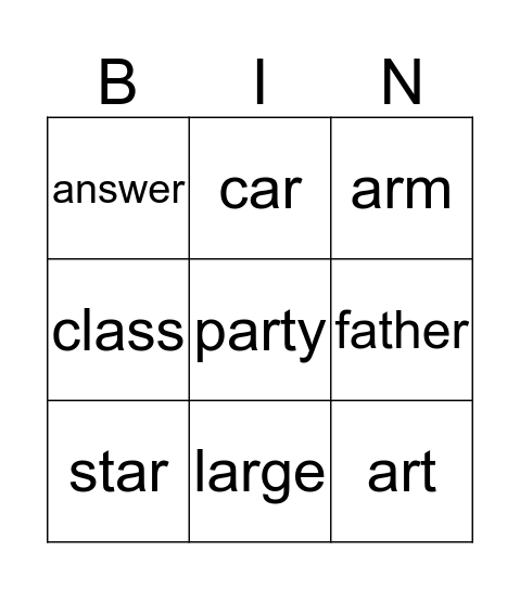 "arm" sound BINGO Card