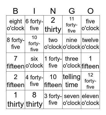TELLING TIME Bingo Card