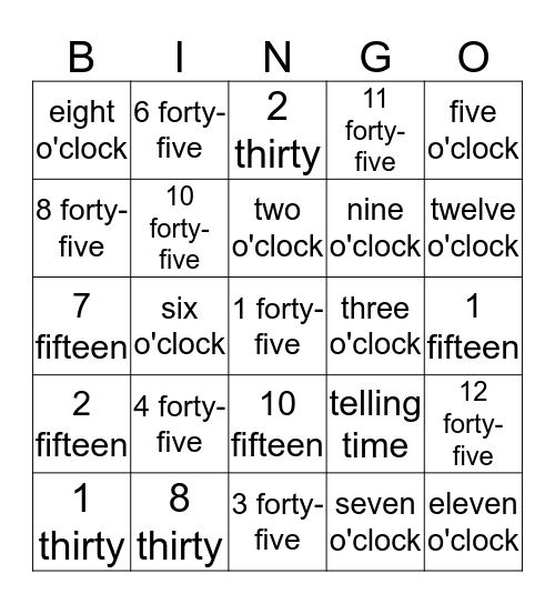 TELLING TIME Bingo Card