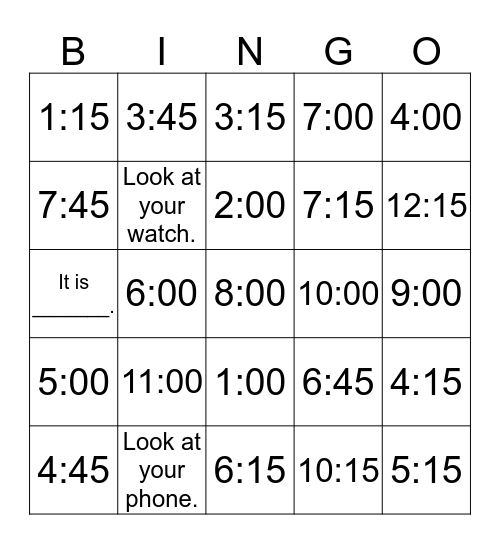 TELLING TIME-NUMBERS ONLY Bingo Card