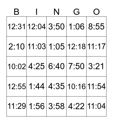 TELLING TIME-BY THE MINUTE Bingo Card
