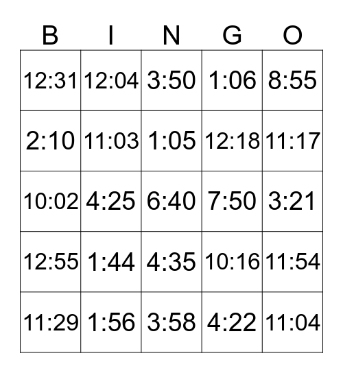 TELLING TIME-BY THE MINUTE Bingo Card