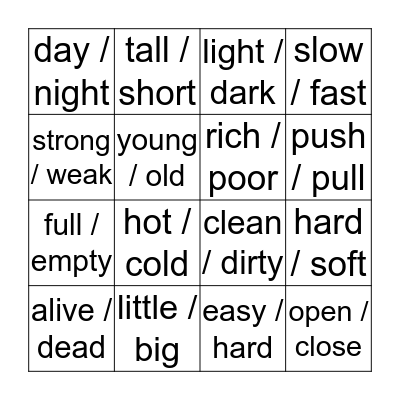 OPPOSITES Bingo Card