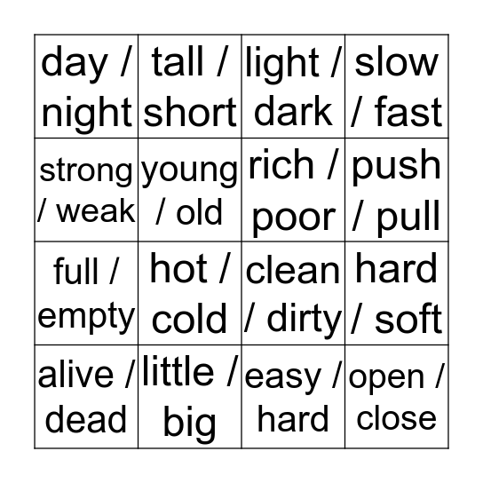 OPPOSITES Bingo Card