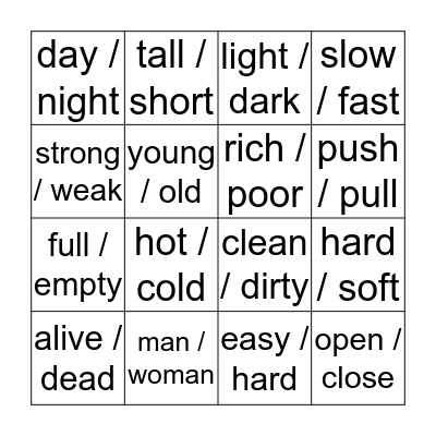 OPPOSITES Bingo Card