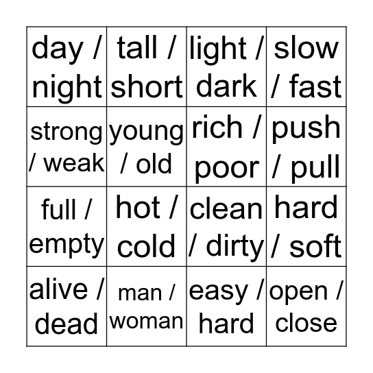 OPPOSITES Bingo Card