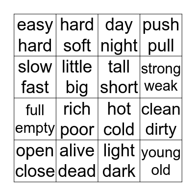 OPPOSITES Bingo Card