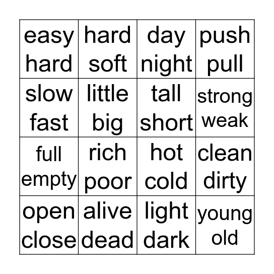 OPPOSITES Bingo Card