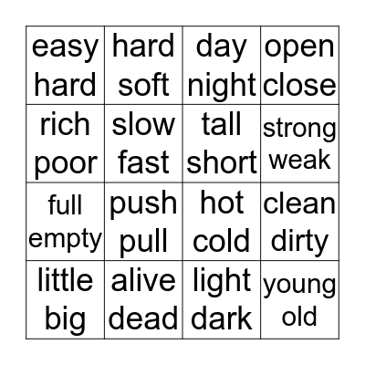 OPPOSITES Bingo Card